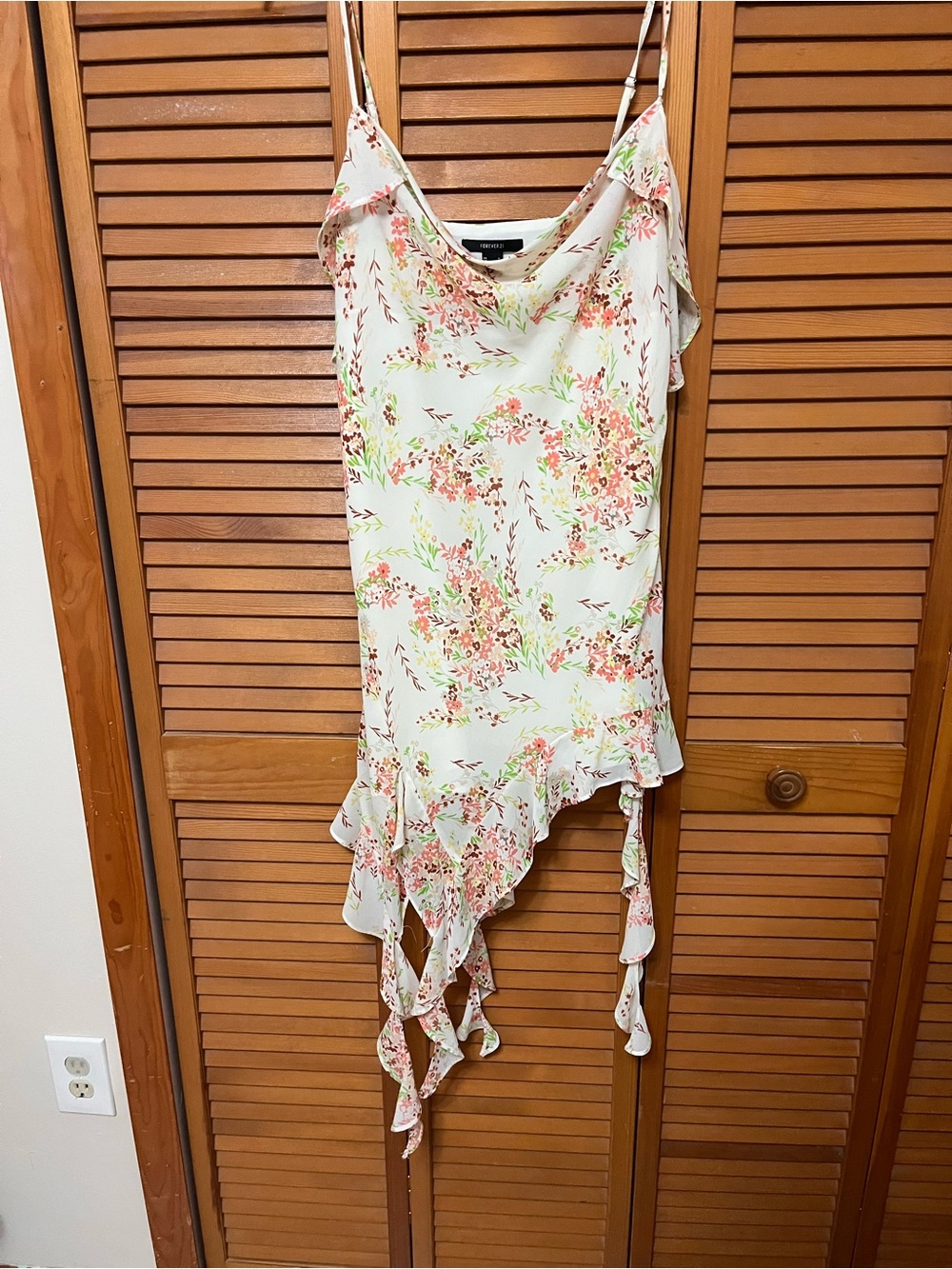 Forever 21 Cream Floral Cold-Shoulder Cami with Pink and Green Print